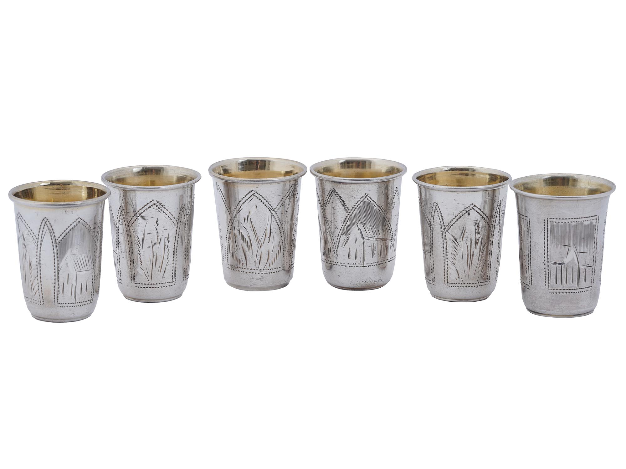 RUSSIAN ENGRAVED GILT SILVER VODKA CUPS, 6 PCS PIC-0